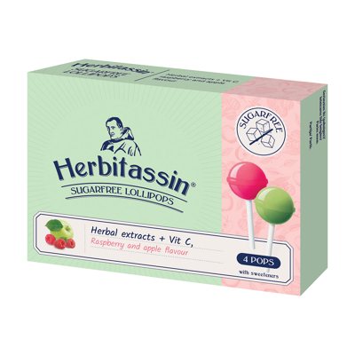 HERBITASSIN, becukriai ledinukai Herbal extracts + Vit C, aviečių ir obuolių skonio, 4 ledinukai