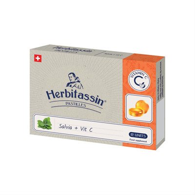 HERBITASSIN, gerklės pastilės su šalavijų ekstraktu ir vitaminu C, 12 pastilių (Galioja iki 2026.11.30)