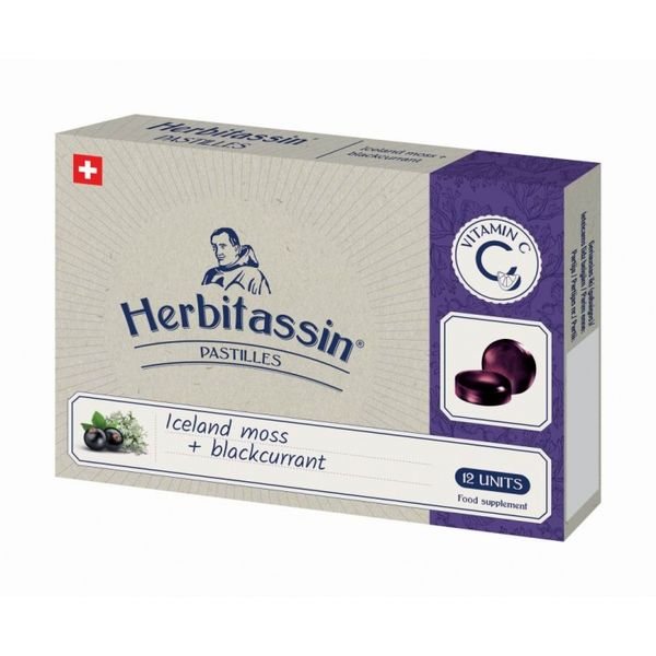 HERBITASSIN maisto papildas ICELAND MOSS + BLACKCURRANT, 12 pastilių