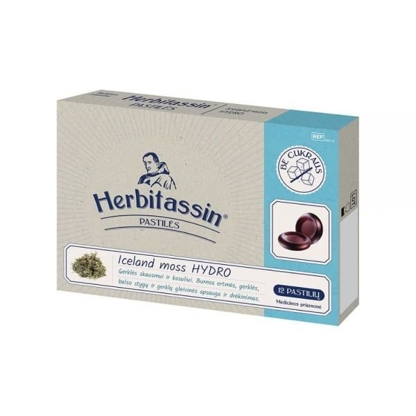 HERBITASSIN pastilės gerklės skausmui ir kosuliui ICELAND MOSS HYDRO, 12 vnt