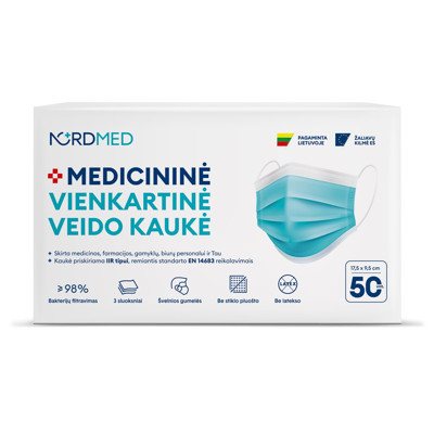 Hipoalerginė apsauginė medicininė veido kaukė NORDMED, 50 vnt