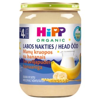 HiPP ekologiška pieniška manų kruopų košelė su bananais LABOS NAKTIES, nuo 4 mėn., LT-EKO-001, 190 g