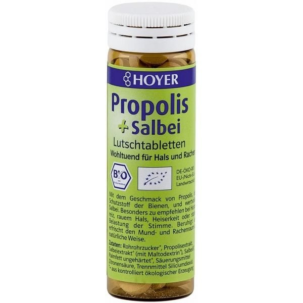 HOYER ekologiškos pastilės gerklei su propoliu ir šalavijais, 60 vnt