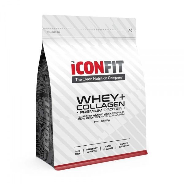 ICONFIT išrūgų baltymai ir kolagenas WHEY + COLLAGEN, braškių skonio, 1 kg