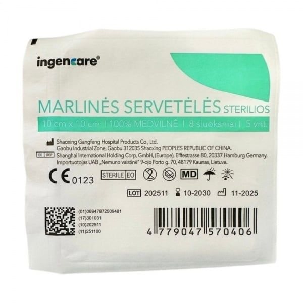 INGENCARE sterilios marlinės servetėlės, 8 sluoksnių, x 10 cm, 5 vnt., 10 cm