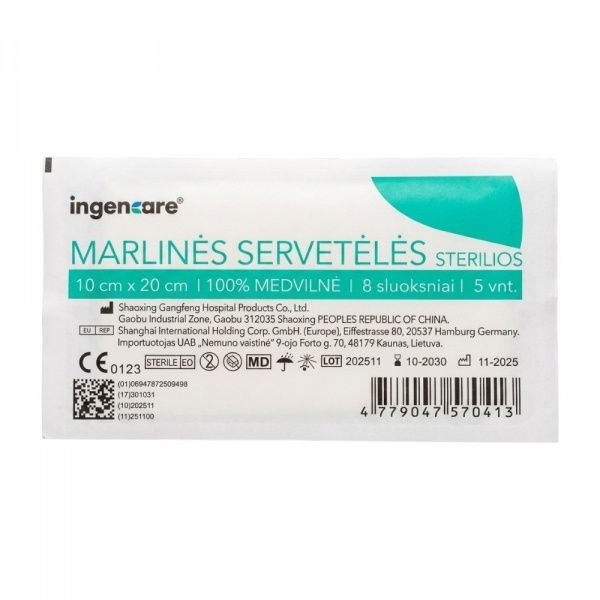 INGENCARE sterilios marlinės servetėlės, 8 sluoksnių, x 20 cm, 5 vnt., 10 cm