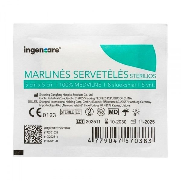 INGENCARE sterilios marlinės servetėlės, 8 sluoksnių, x 5 cm, 5 vnt., 5 cm