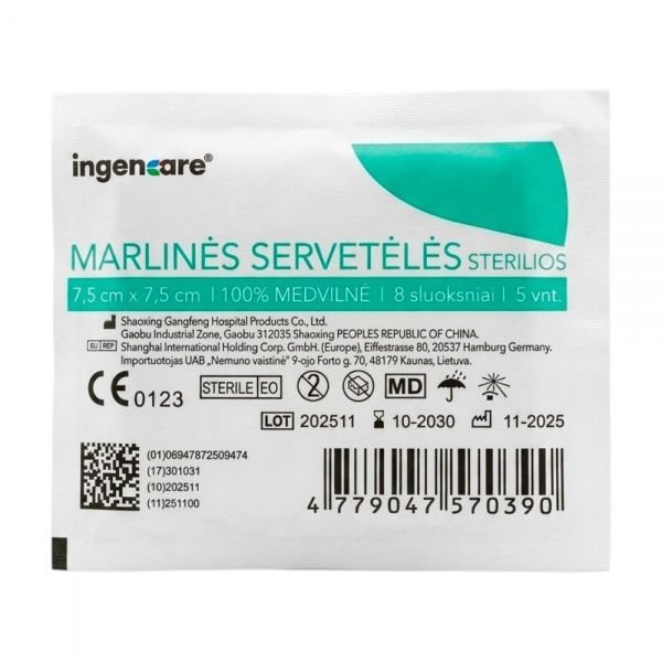 INGENCARE sterilios marlinės servetėlės, 8 sluoksnių, x 7,5 cm, 5 vnt., 7.5 cm