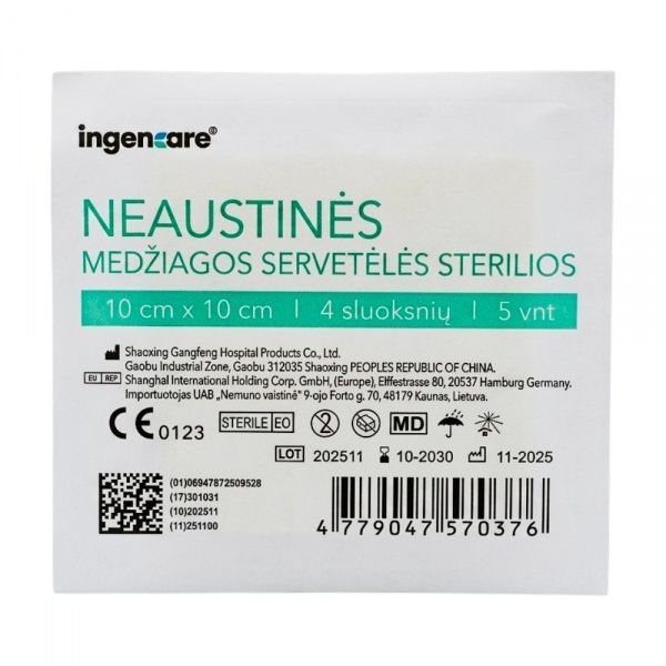 INGENCARE sterilios neaustinės medžiagos servetėlės, 4 sluoksnių, x 10 cm, 5 vnt., 10 cm