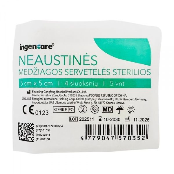 INGENCARE sterilios neaustinės medžiagos servetėlės, 4 sluoksnių, x 5 cm, 5 vnt., 5 cm