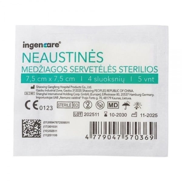 INGENCARE sterilios neaustinės medžiagos servetėlės, 4 sluoksnių, x 7,5 cm, 5 vnt., 7.5 cm