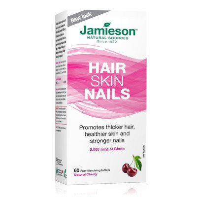 JAMIESON Biotinas, plaukams, odai, ir nagams, 5000 µg, 60 kramtomųjų tablečių