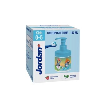 JORDAN vaikiška dantų pasta su dozatoriumi, 0-., švelnaus braškių skonio, 150 ml, 5 m