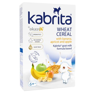 Kabrita® kviečių košė su bananais, abrikosais, obuoliais, su ožkos pienų, kūdikiams nuo 6mėn., 180 g