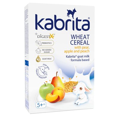 Kabrita® kvietinė košė su kriaušėmis, obuoliais ir persikais su pieno mišiniu vaikams nuo 5mėn., 180 g