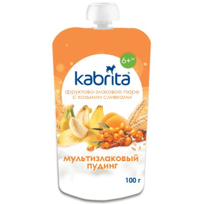 Kabrita vaisinė tyrelė su grūdais ir ožkų pieno grietinėle "Daugiagrūdis pudingas" vaikams nuo 6 mėn., 100 g