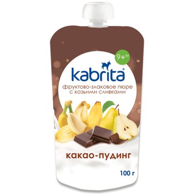 Kabrita Vaisinė tyrelė su grūdais ir ožkų pieno grietinėle „Kakavinis pudingas“ vaikams nuo 9 mėn. ., 100 g