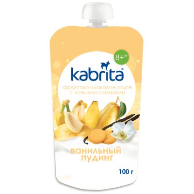 Kabrita vaisinė tyrelė su grūdais ir ožkų pieno grietinėle „Vanilinis pudingas“ vaikams nuo 8 mėn. ., 100 g