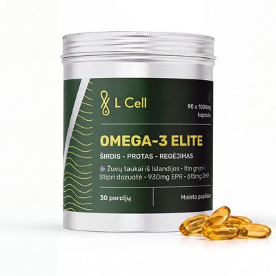 L Cell „Omega 3 Elite“ žuvų taukai (1000mg kapsulės, ), 90 vnt