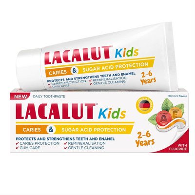 LACALUT KIDS, dantų pasta, 2-6 metų vaikams, švelnaus mėtų skonio, su vitaminais A ir E, 55 ml