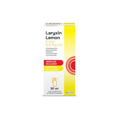 LARYXIN LEMON, burnos gleivinės purškalas, 2mg/0,5 mg/ml, 30 ml