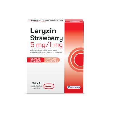 LARYXIN Strawberry, 5 mg/1 mg, 24 suslėgtosios pastilės