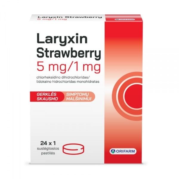 LARYXIN STRAWBERRY suslėgtosios pastilės 5 mg/1 mg N24