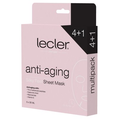 LECLER ANTI-AGING 4+1, stangrinančių lakštinių veido kaukių komplektas, 5 vnt
