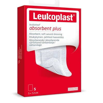 LEUKOPLAST LEUKOMED ADSORBENT PLUS, sterilus lipnus absorbuojantis pleistras, 5 vnt., 5 x 7.2 cm