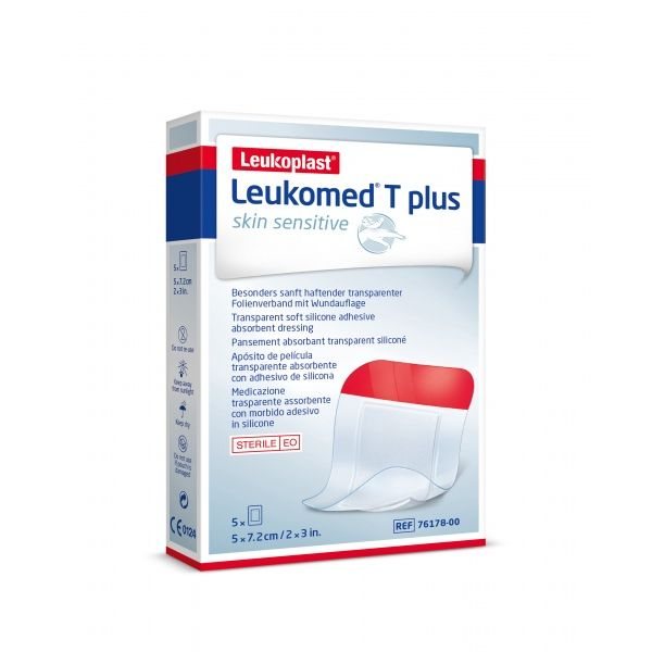 LEUKOPLAST sterilus, lipnus, absorbuojantis tvarstis LEUKOMED T PLUS SKIN SENSITIVE, skaidrus, x 7,2 cm, 5 vnt., 5 cm