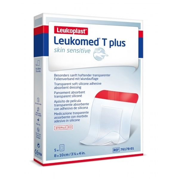 LEUKOPLAST sterilus, lipnus, absorbuojantis tvarstis T PLUS SENSITIVE, skaidrus, x 10 cm, 5 vnt., 8 cm