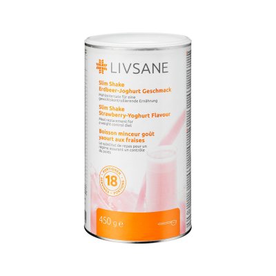 LIVSANE braškių skonio baltyminis kokteilis milteliais, 450 g