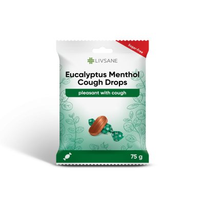 LIVSANE eukalipto ir mentolio skonio ledinukai, be cukraus, 75 g