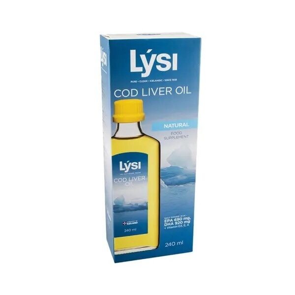 LYSI natūralaus skonio skysti žuvų taukai iš menkių kepenų, 240 ml