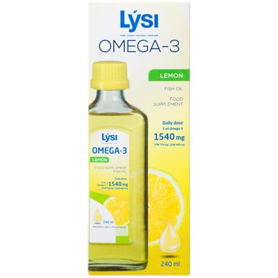 LYSI OMEGA-3, žuvų taukai, citrinų skonio, 240 ml
