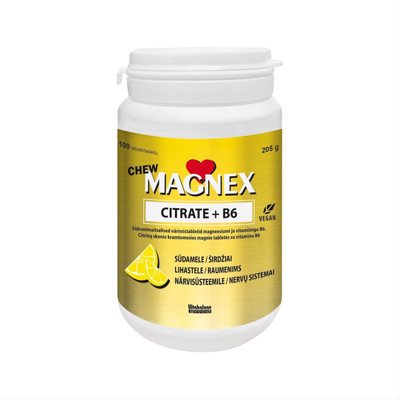 MAGNEX CITRATE 375 mg + B6 CHEW, citrinų skonio, 100 kramtomųjų tablečių