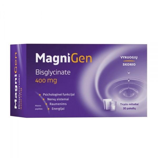 MAGNIGEN maisto papildas BISGLYCINATE 400 mg, vynuogių skonio, 30 pak.