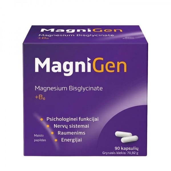 MAGNIGEN maisto papildas MAGNESIUM BISGLYCINATE + B6, 90 kaps.