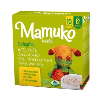 MAMUKO ekologiška traiškytų žaliųjų grikių, miežių, speltos kviečių, rugių ir avižų košė, nuo 12 mėn., LT-EKO-001, 240 g
