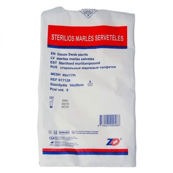 Marlinės sterilios servetėlės, 8 sluoksnių, x 20 cm, 5 vnt., 10 cm