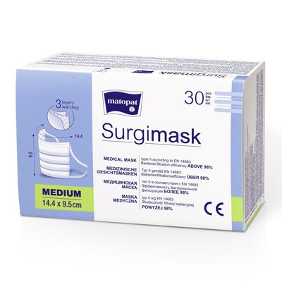 MATOPAT, Kaukė medicininė, 3 sluoksnių su elastingomis juostomis, M, N30