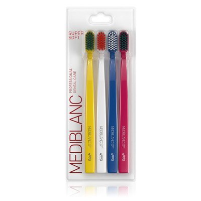 Mediblanc itin minkšti dantų šepetėliai: geltonas, baltas, mėlynas ir rožinis, 4 vnt