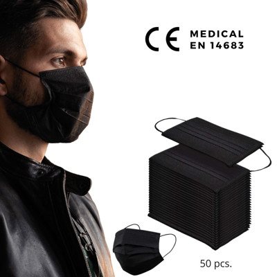 MEDICININĖS VIENKARTINĖS JUODOS VEIDO KAUKĖS, 50 vnt