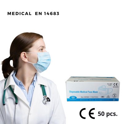 MEDICININĖS VIENKARTINĖS MĖLYNOS VEIDO KAUKĖS, 50 vnt