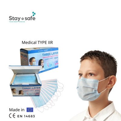 MEDICININĖS VIENKARTINĖS VAIKIŠKOS MELSVOS VEIDO KAUKĖS, 50 vnt