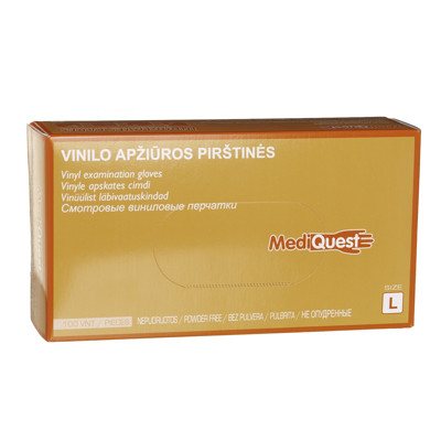 MEDIQUEST, vinilinės nesterilios pirštinės be pudros, L dydis, 100 vnt