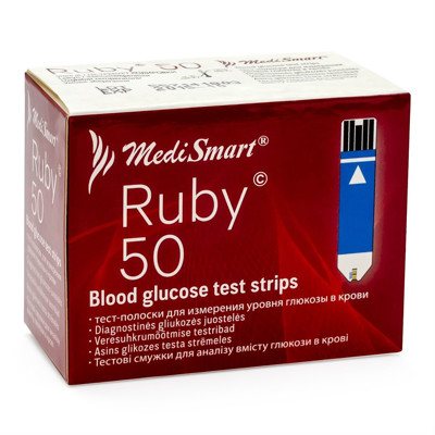 MEDISMART RUBY BLOOD GLUCOSE TESTS STRIPS, diagnostinės juostelės gliukozės kiekiui nustatyti (nekalibruojamos), 50 vnt