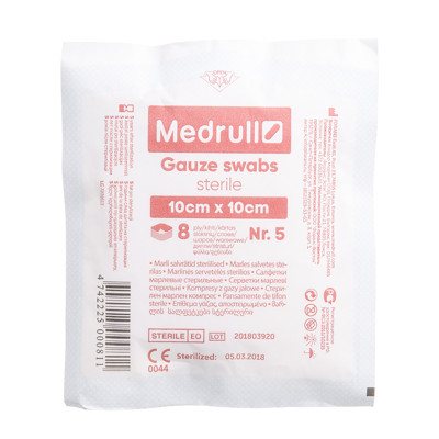 MEDRULL, marlinės sterilios servetėlės, 8 sluoknių, 5 vnt., 10 x 10 cm