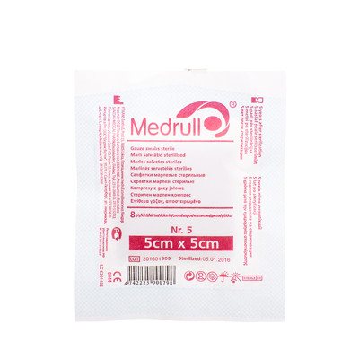 MEDRULL, marlinės sterilios servetėlės, 8 sluoksnių, 5 vnt., 5 x 5 cm