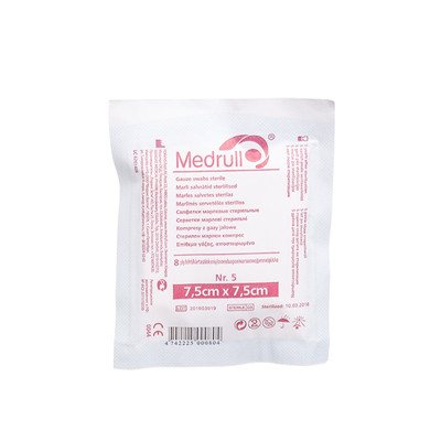 MEDRULL, marlinės sterilios servetėlės, 8 sluoksnių, 5 vnt., 7.5 x 7.5 cm